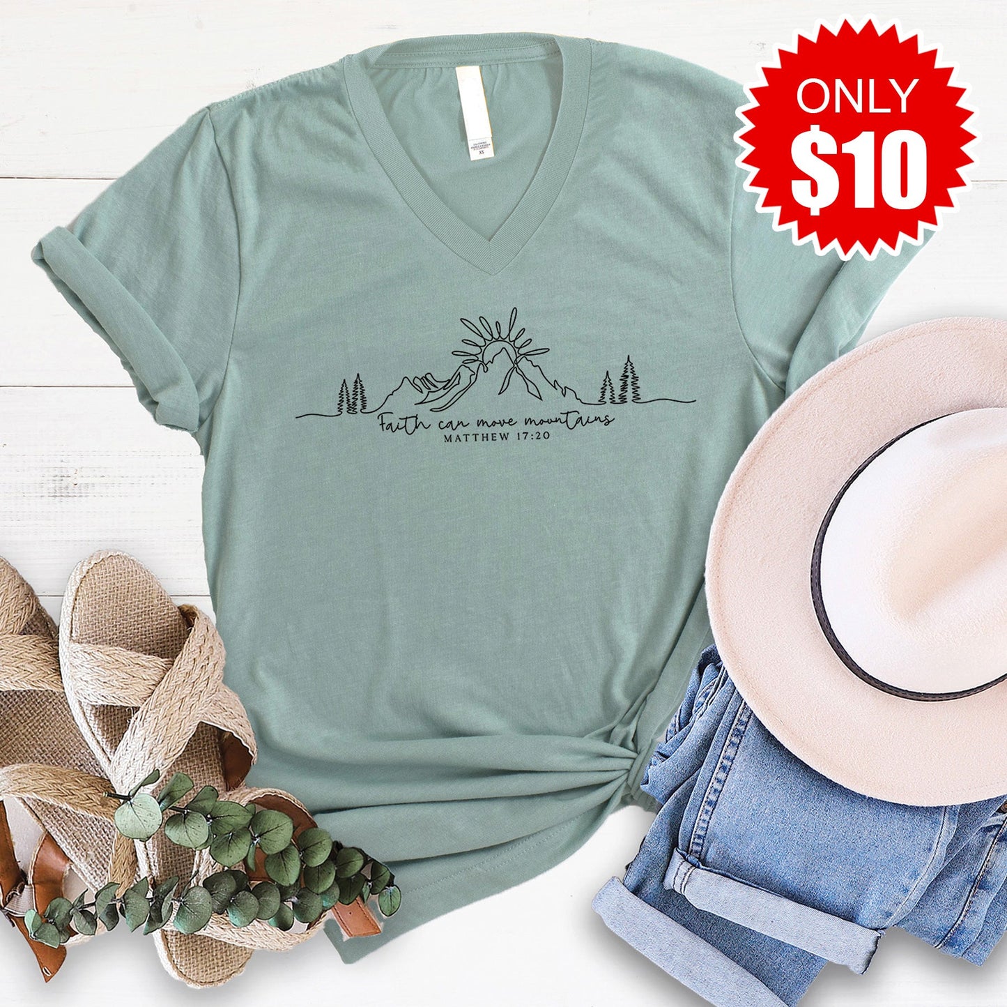 Faith Can Move Mountains V-Neck - Heather Sage - 10