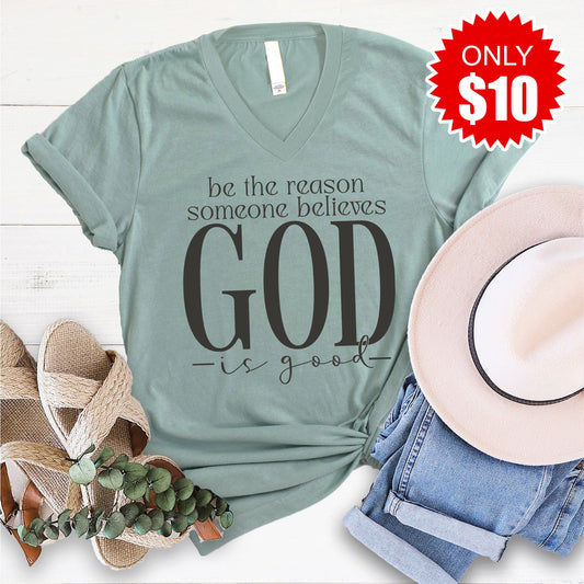 God Is Good V-Neck - Heather Sage - 10