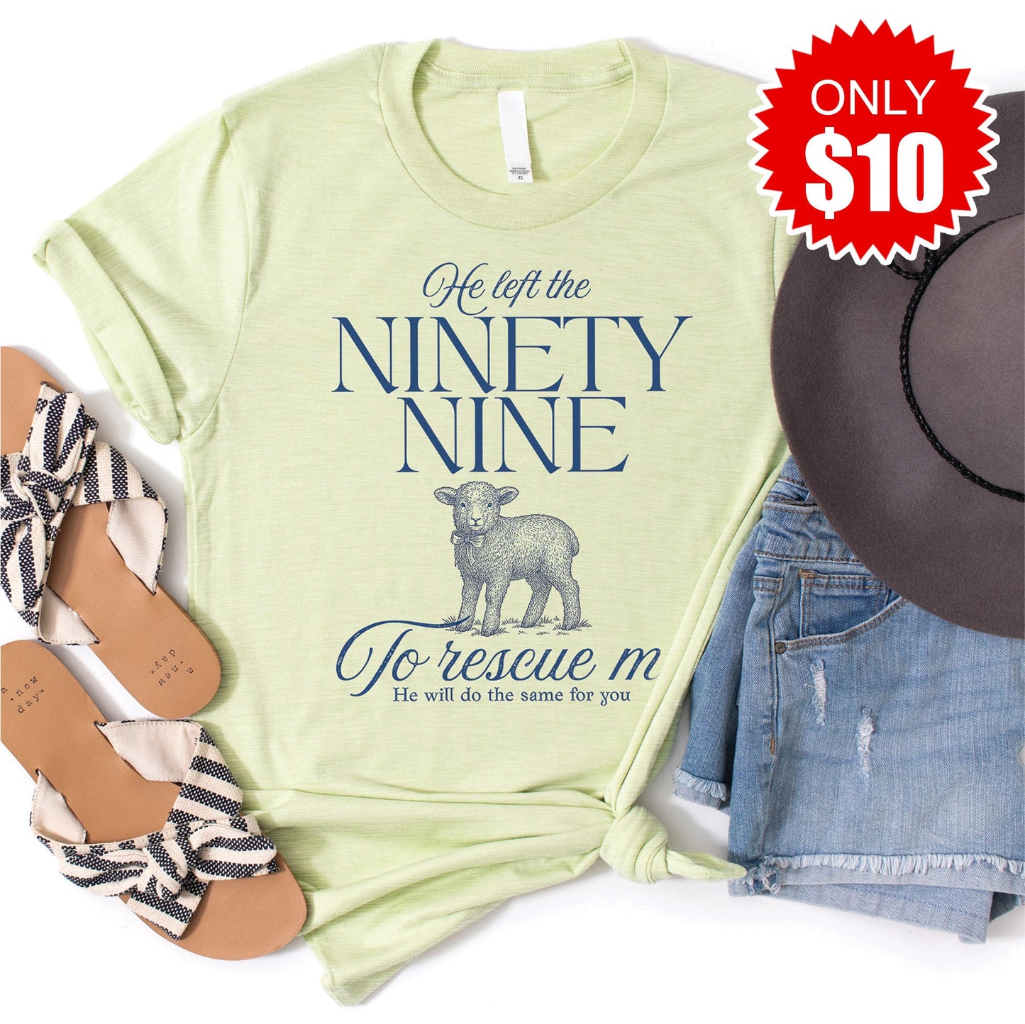 He Left The Ninety Nine Tee - Heather Light Green - 10