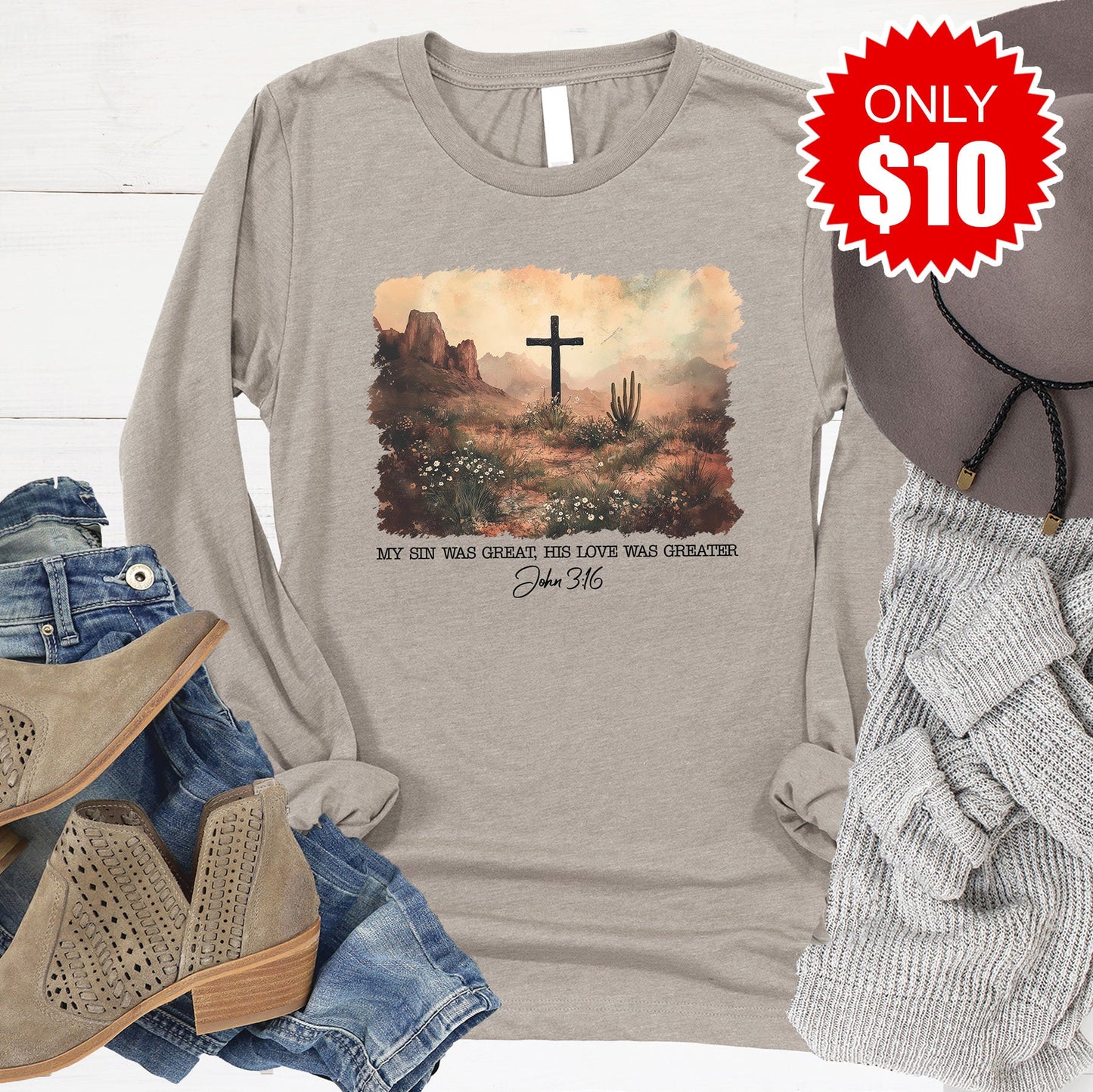 John 3:16 Long Sleeve - Heather Stone - 10