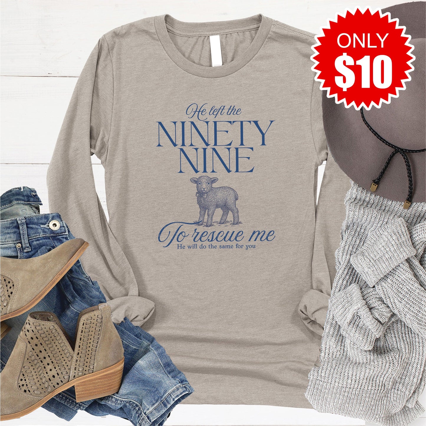 He Left The Ninety Nine Long Sleeve - Heather Stone - 10