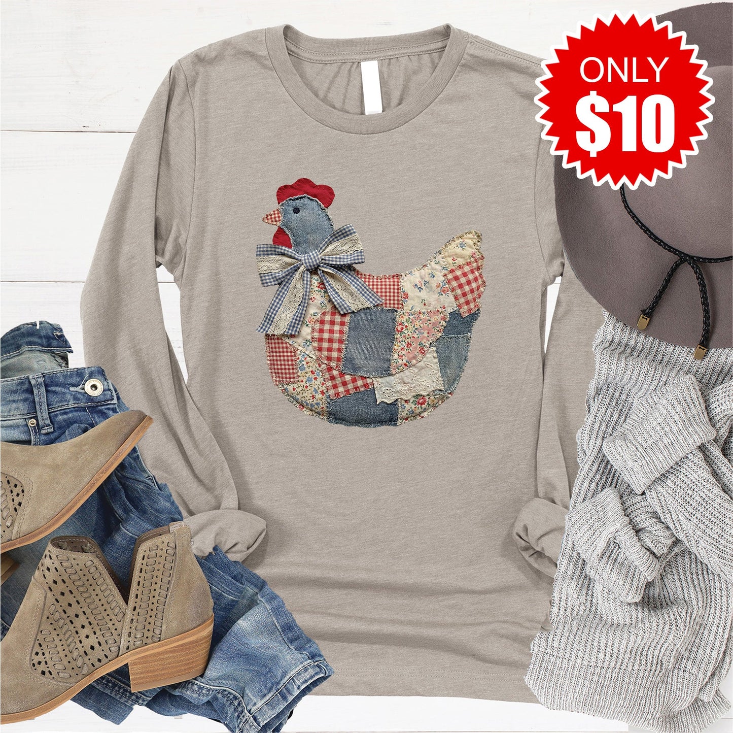 Hen Patchwork Long Sleeve - Heather Stone - 10