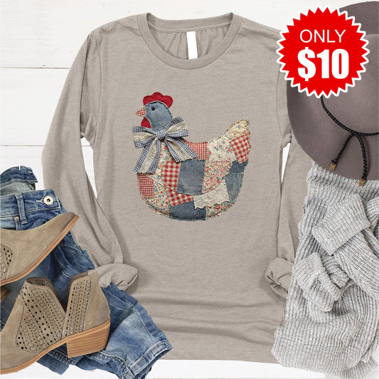 Hen Patchwork Long Sleeve - Heather Stone - 10
