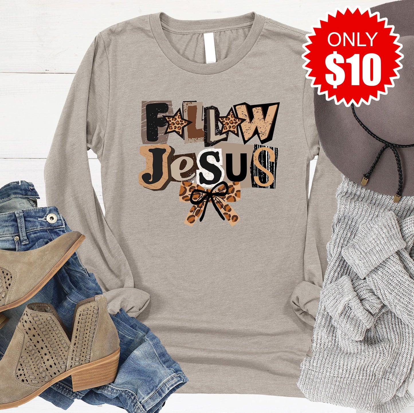Follow Jesus Long Sleeve - Heather Stone - 10