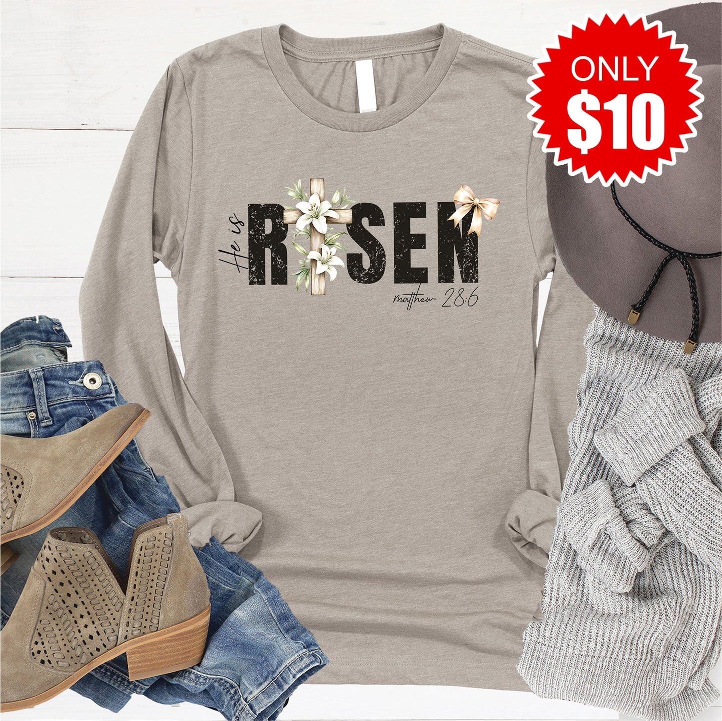 He Is Risen Long Sleeve - Heather Stone - 10