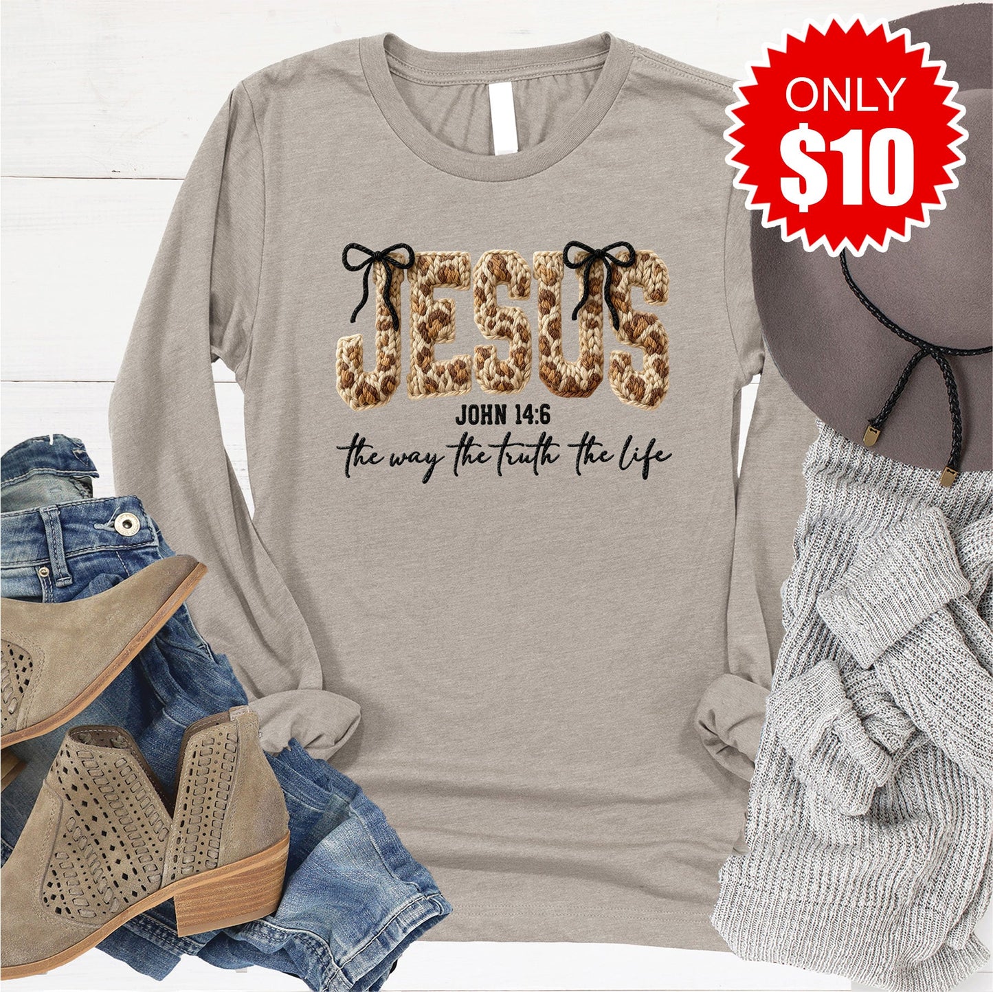 Jesus Way Truth Life Yarn Long Sleeve - Heather Stone - 10