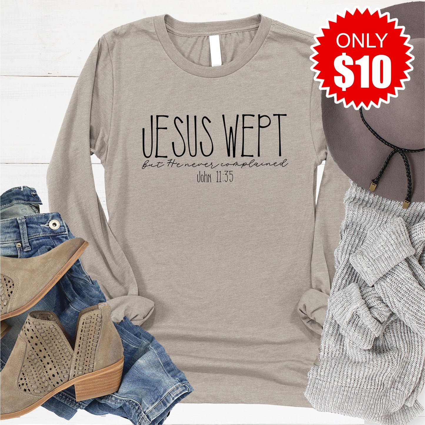 Jesus Wept Long Sleeve - Heather Stone - 10