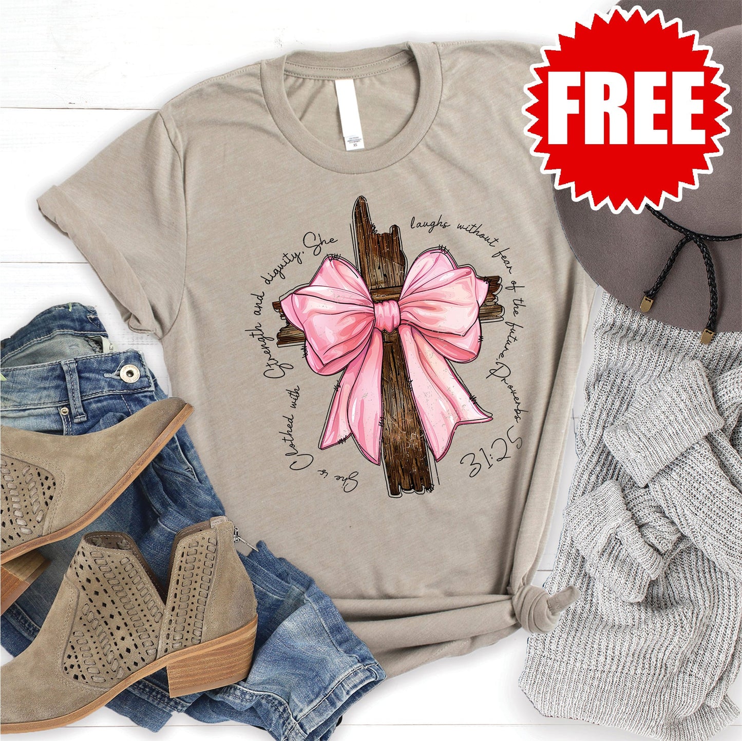 Clothed with Strength Cross Tee - Heather Stone - 0