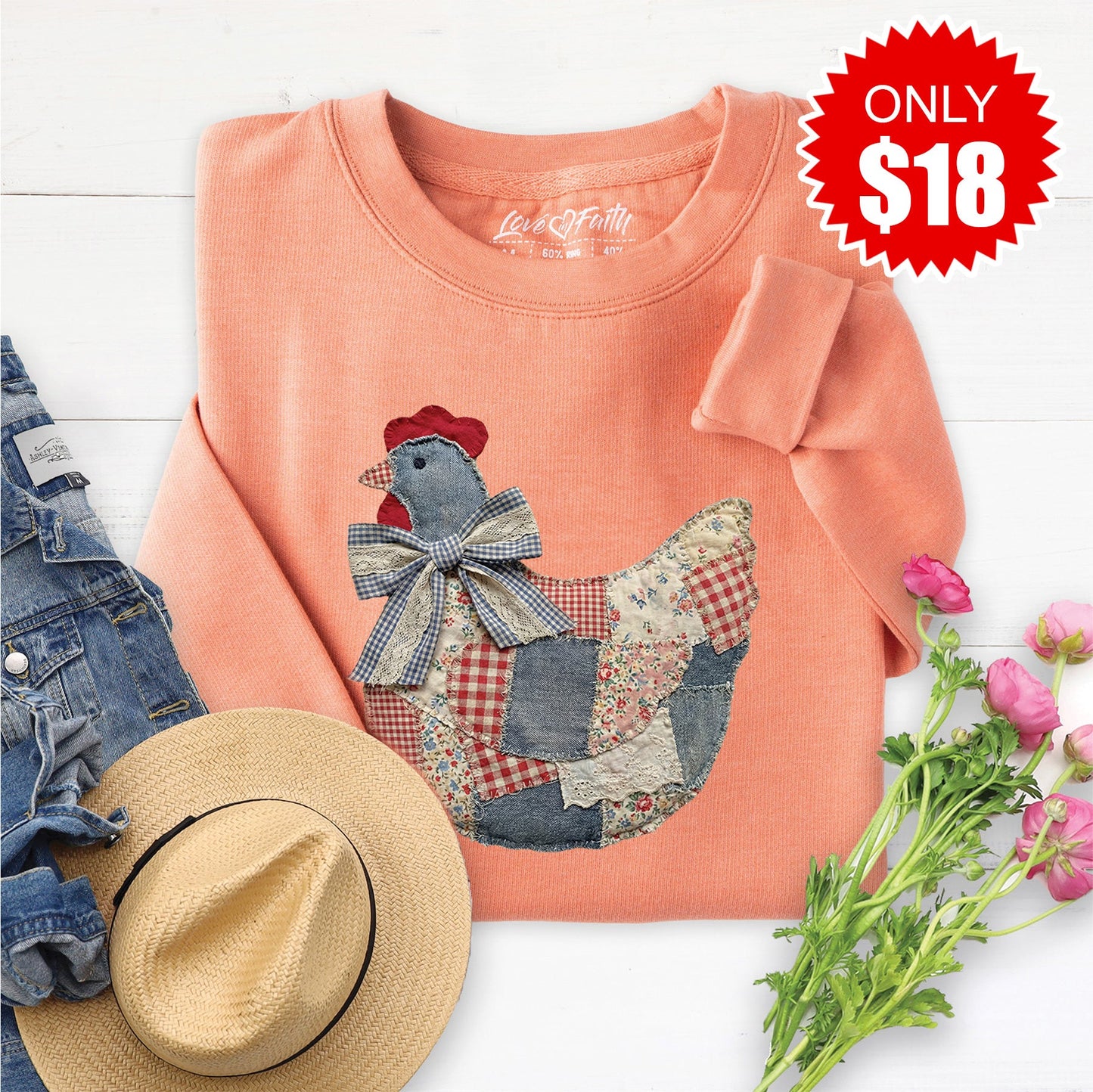 Hen Patchwork Sweatshirt - Heather Terracotta - 18