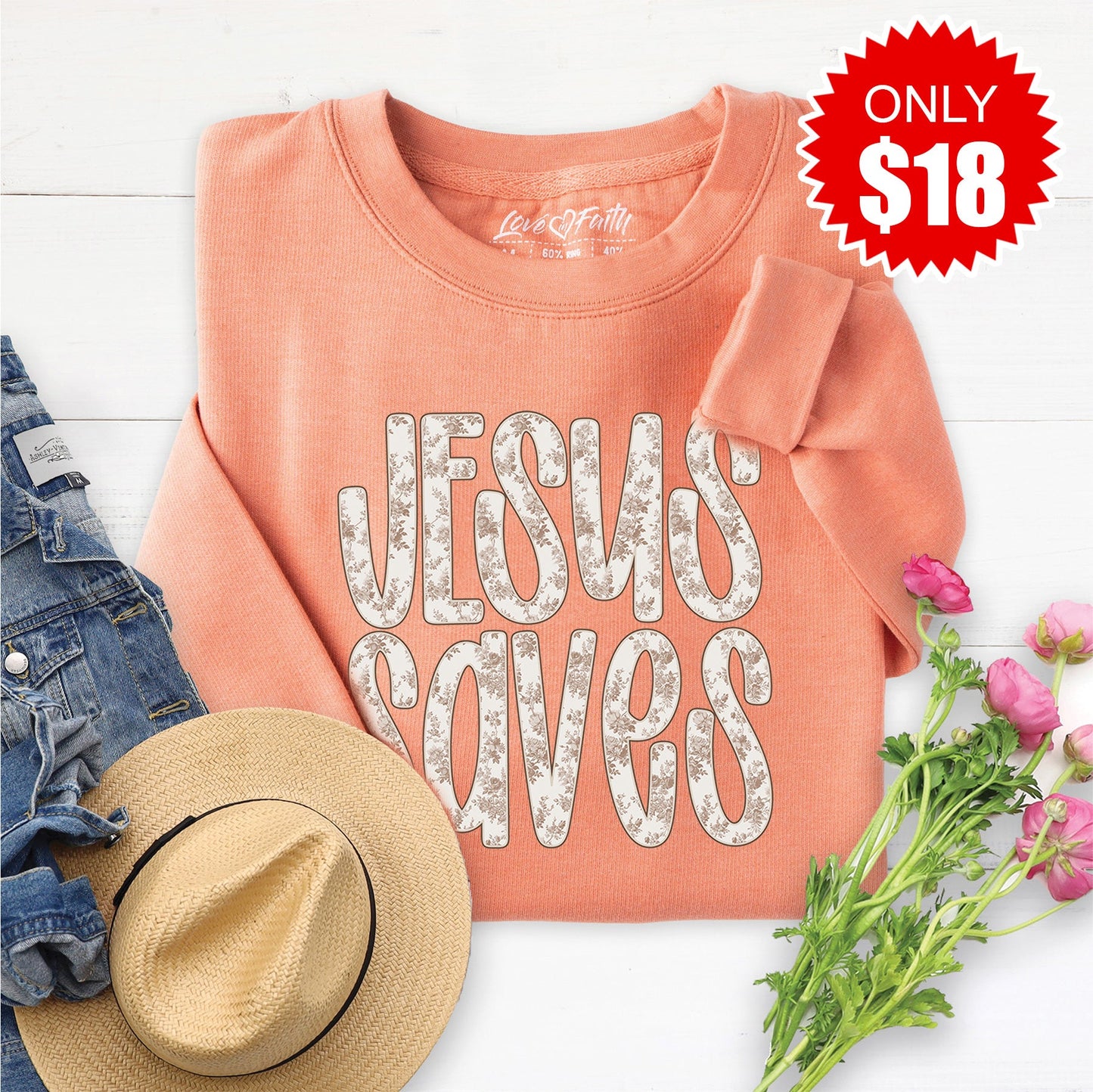 Jesus Saves Sweatshirt - Heather Terracotta - 18