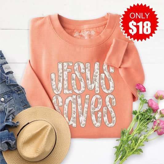 Jesus Saves Sweatshirt - Heather Terracotta - 18