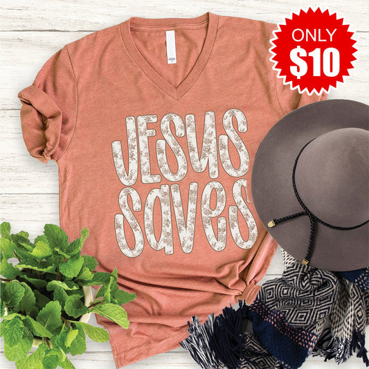 Jesus Saves V-Neck - Heather Terracotta - 10
