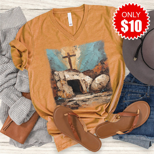 He Is Risen V-Neck - Heather Toast - 10