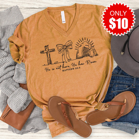 He Has Risen V-Neck - Heather Toast - 10