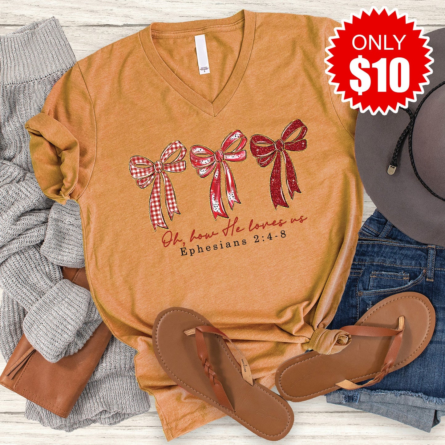 How He Loves Us V-Neck - Heather Toast - 10