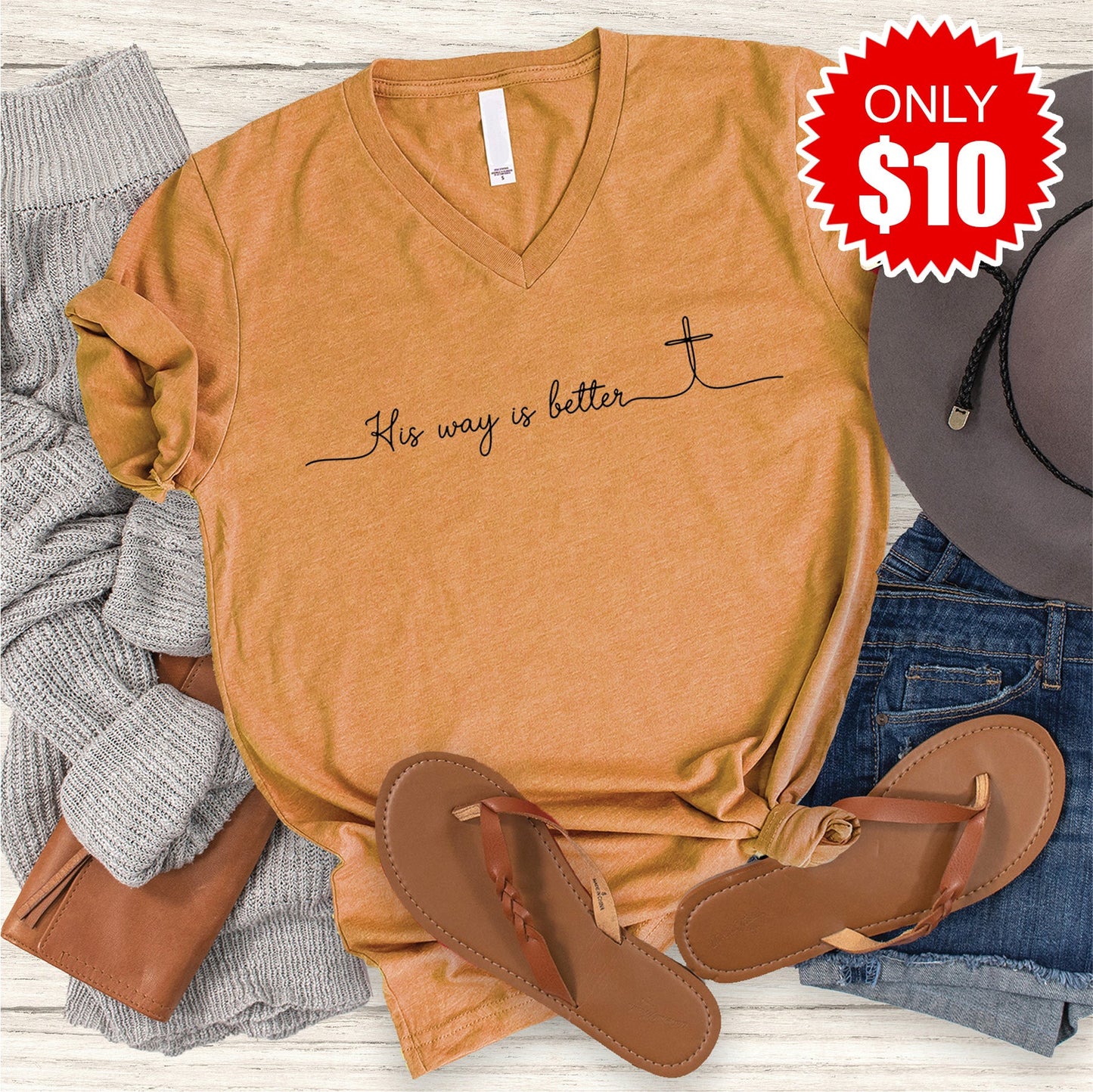 His Way Is Better V-Neck - Heather Toast - 10