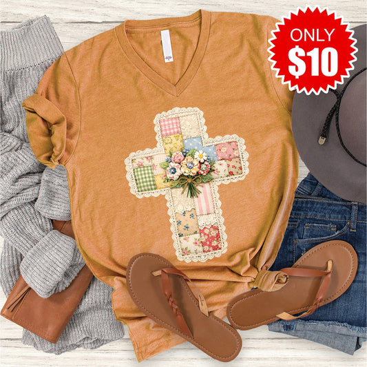 Cross Patchwork V-Neck - Heather Toast - 10