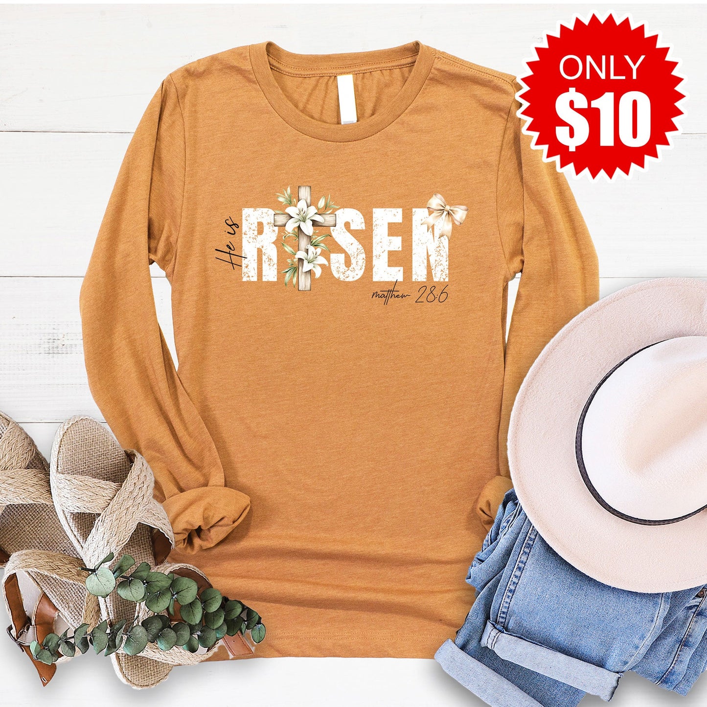 He Is Risen Long Sleeve - Heather Toast - 10