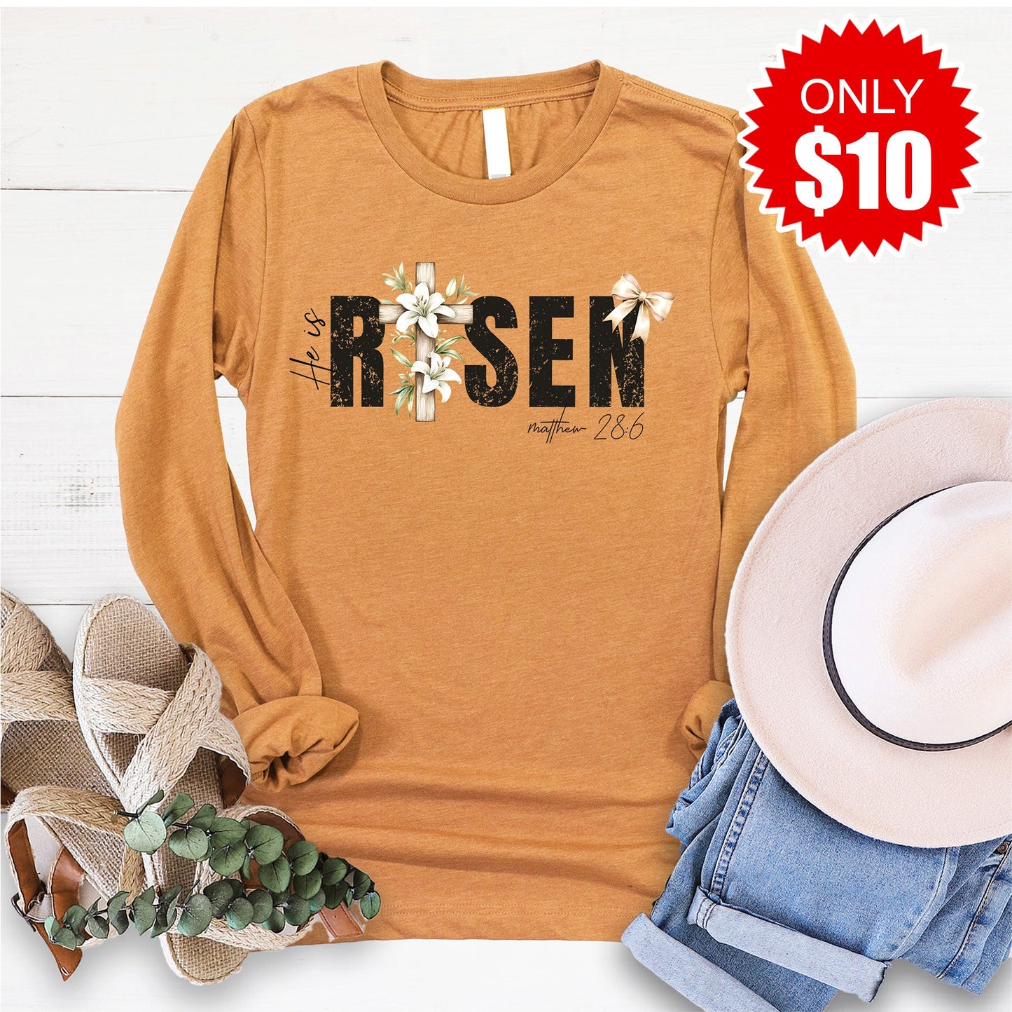 He Is Risen Long Sleeve - Heather Toast - 10