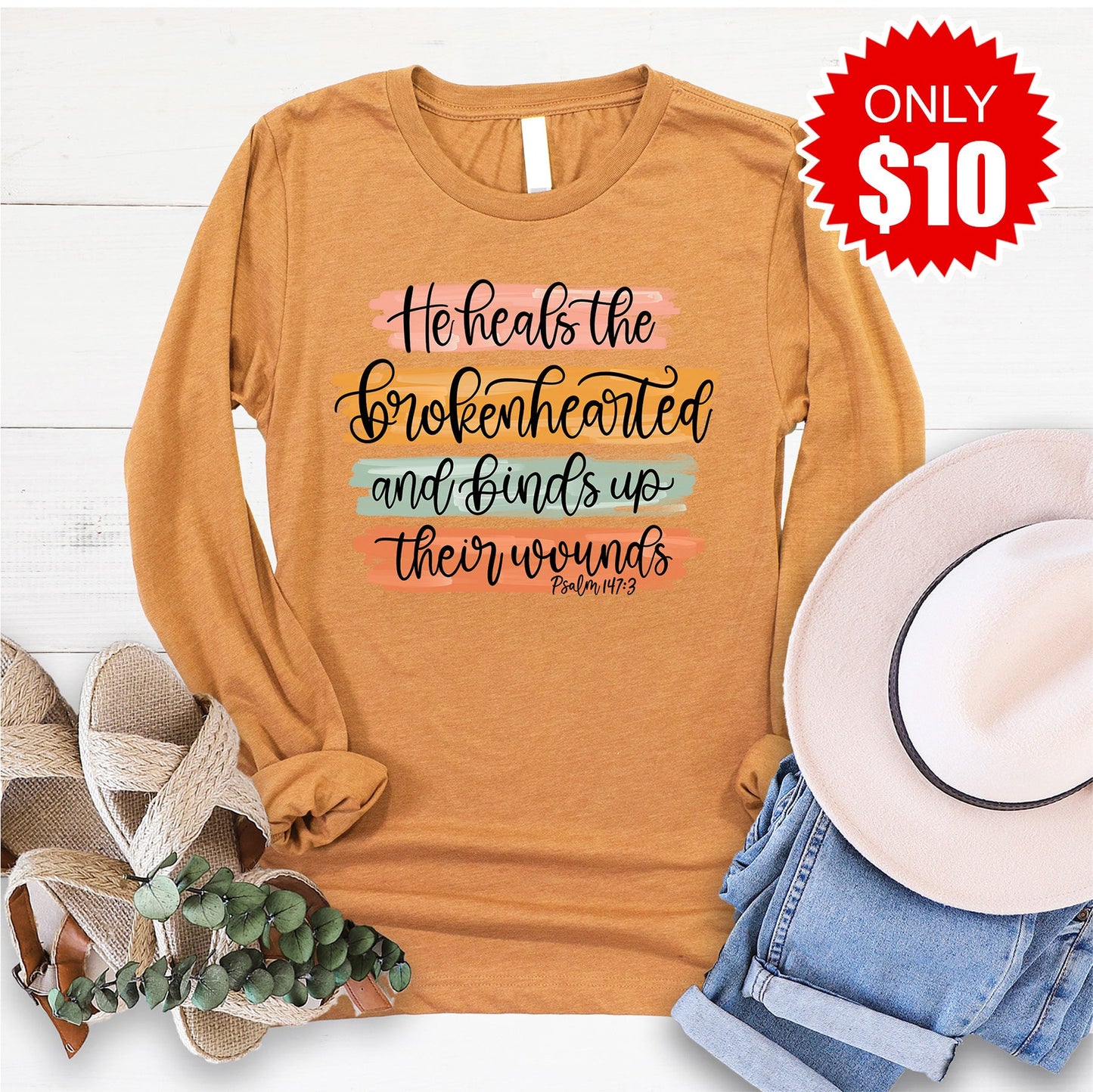 He Heals The Brokenhearted Long Sleeve - Heather Toast - 10