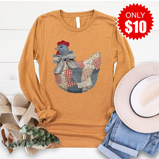 Hen Patchwork Long Sleeve - Heather Toast - 10