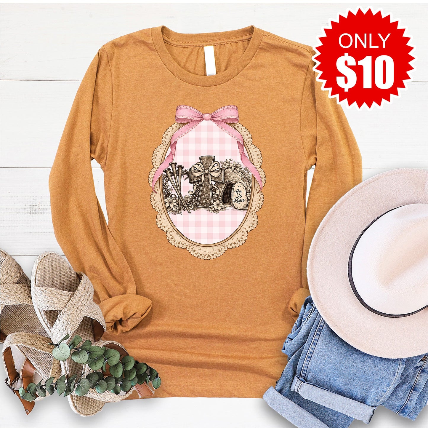 He Is Risen Long Sleeve - Heather Toast - 10