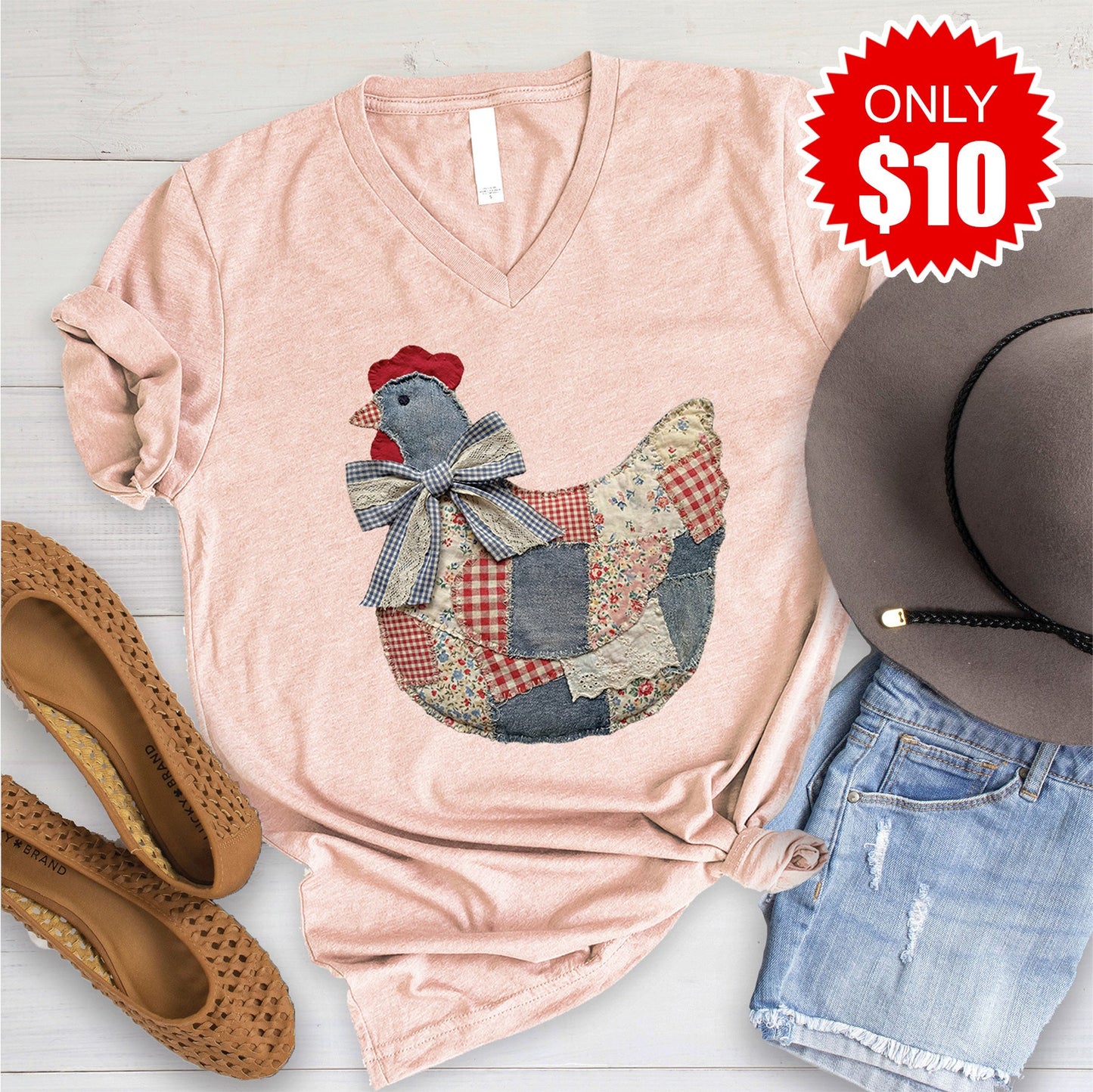 Hen Patchwork V-Neck - Heather Peach - 10