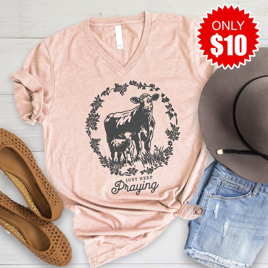 Just Keep Praying V-Neck - Heather Peach - 10
