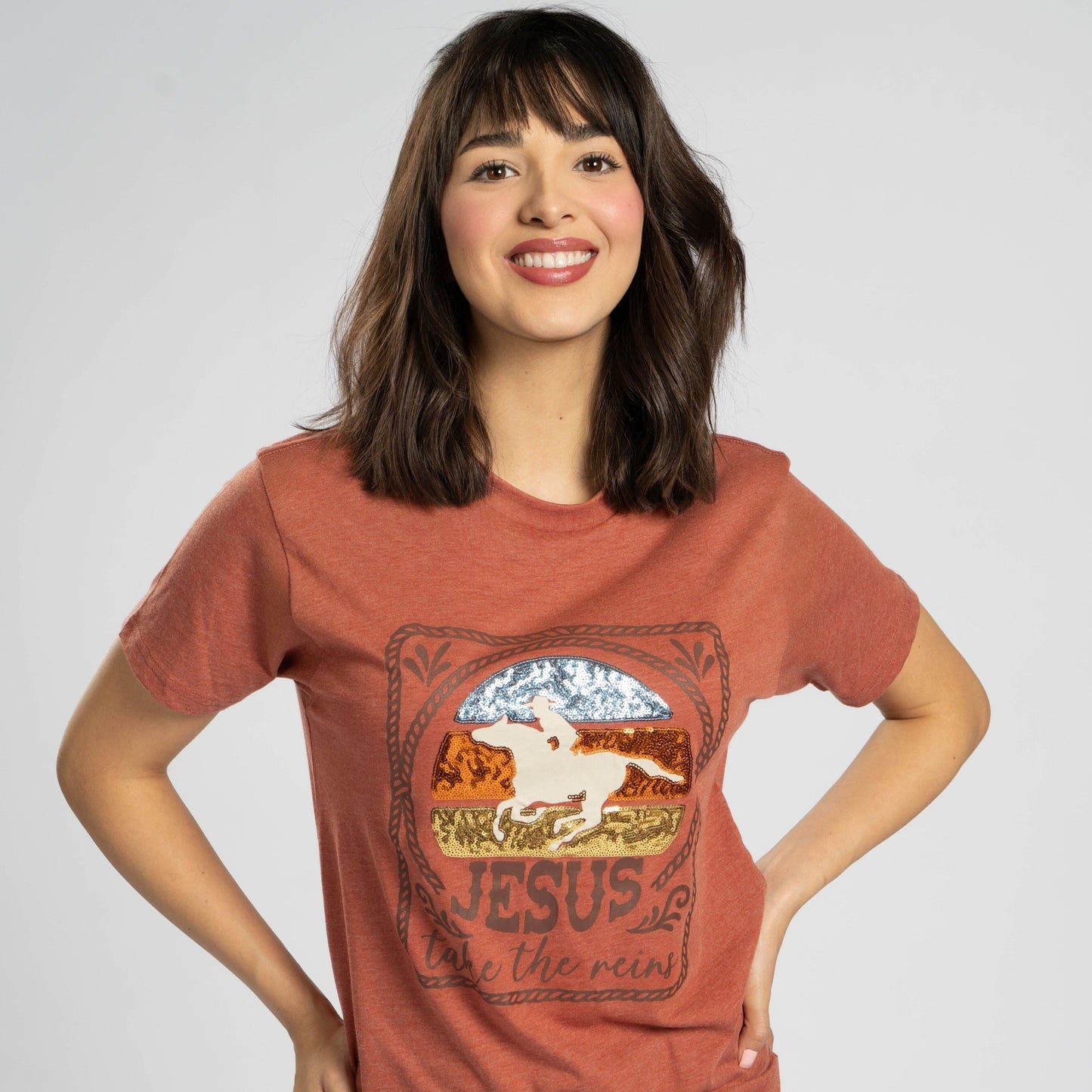 Jesus Take the Reins Sequin Tee