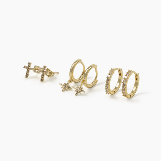 Cross Gold Plated Brass Earring Set