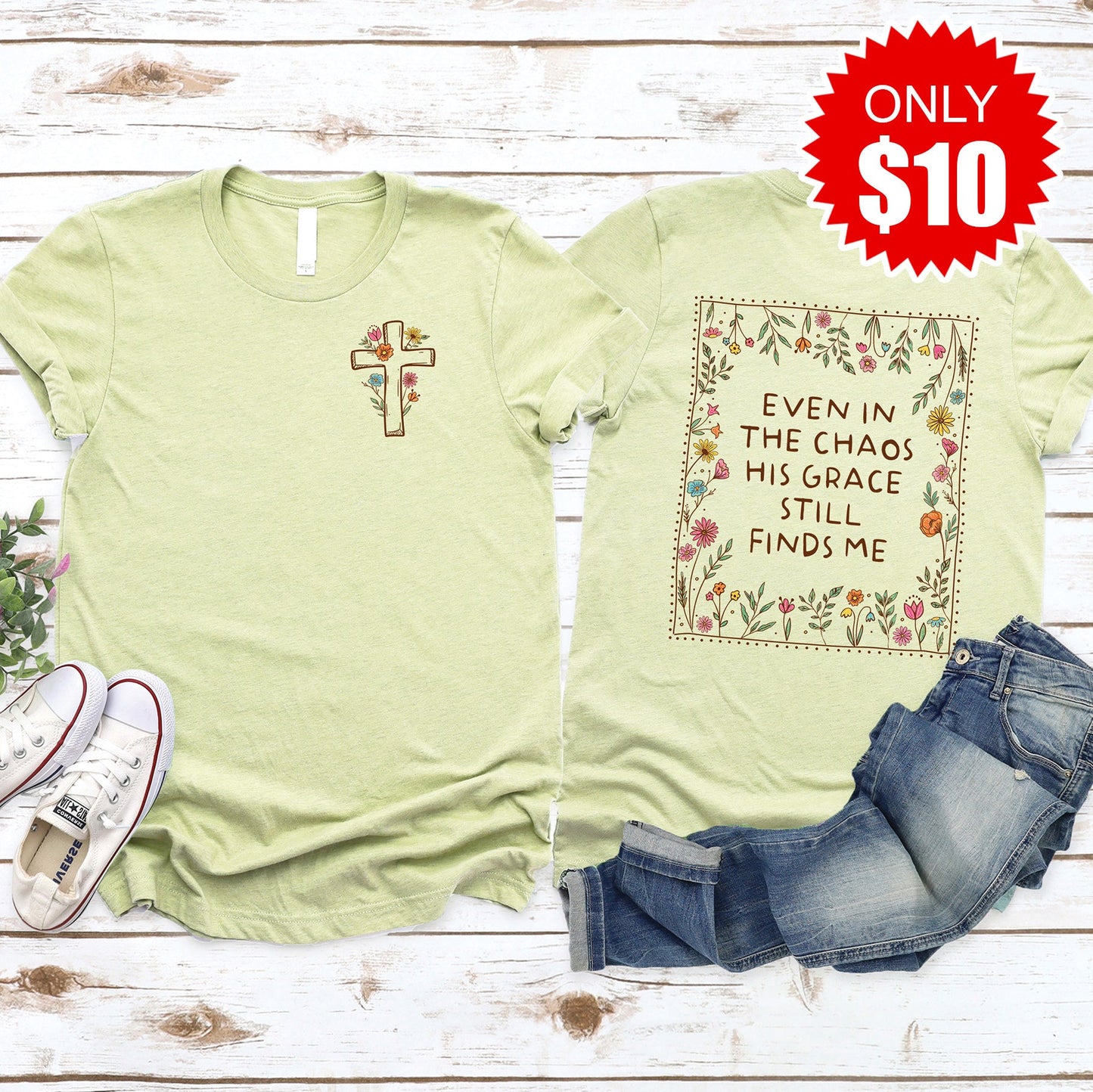 His Grace Tee - Heather Light Green - 10
