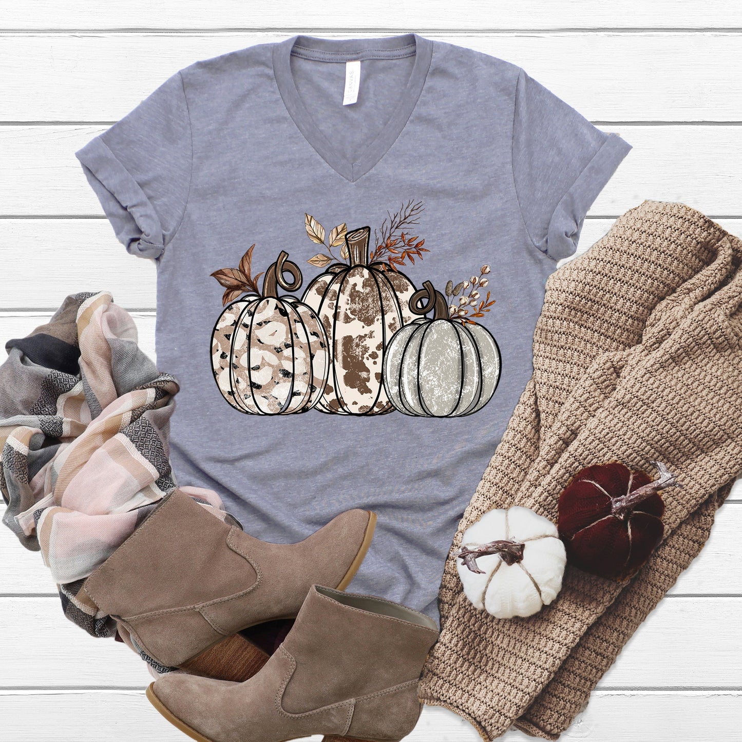 Cow Print Pumpkin V-Neck