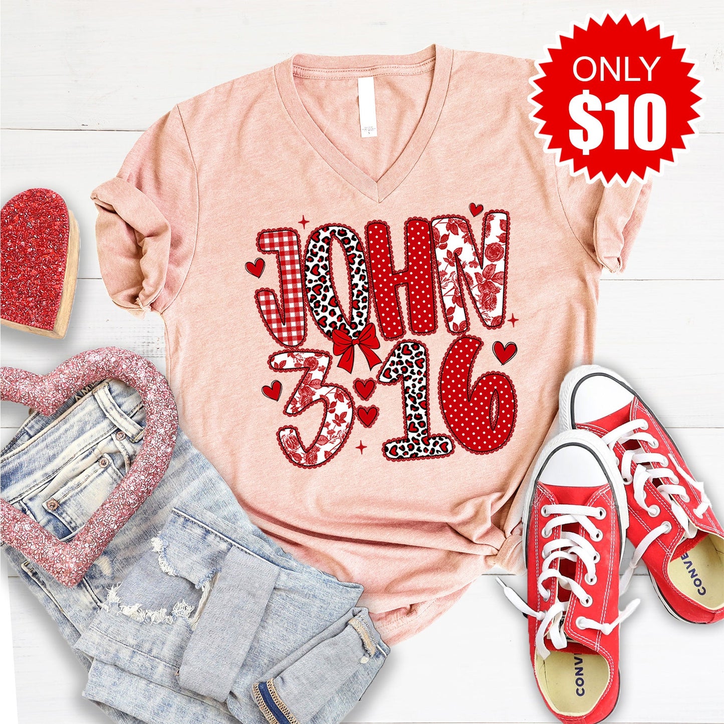 John 3:16 V-Neck - Heather Peach - 10