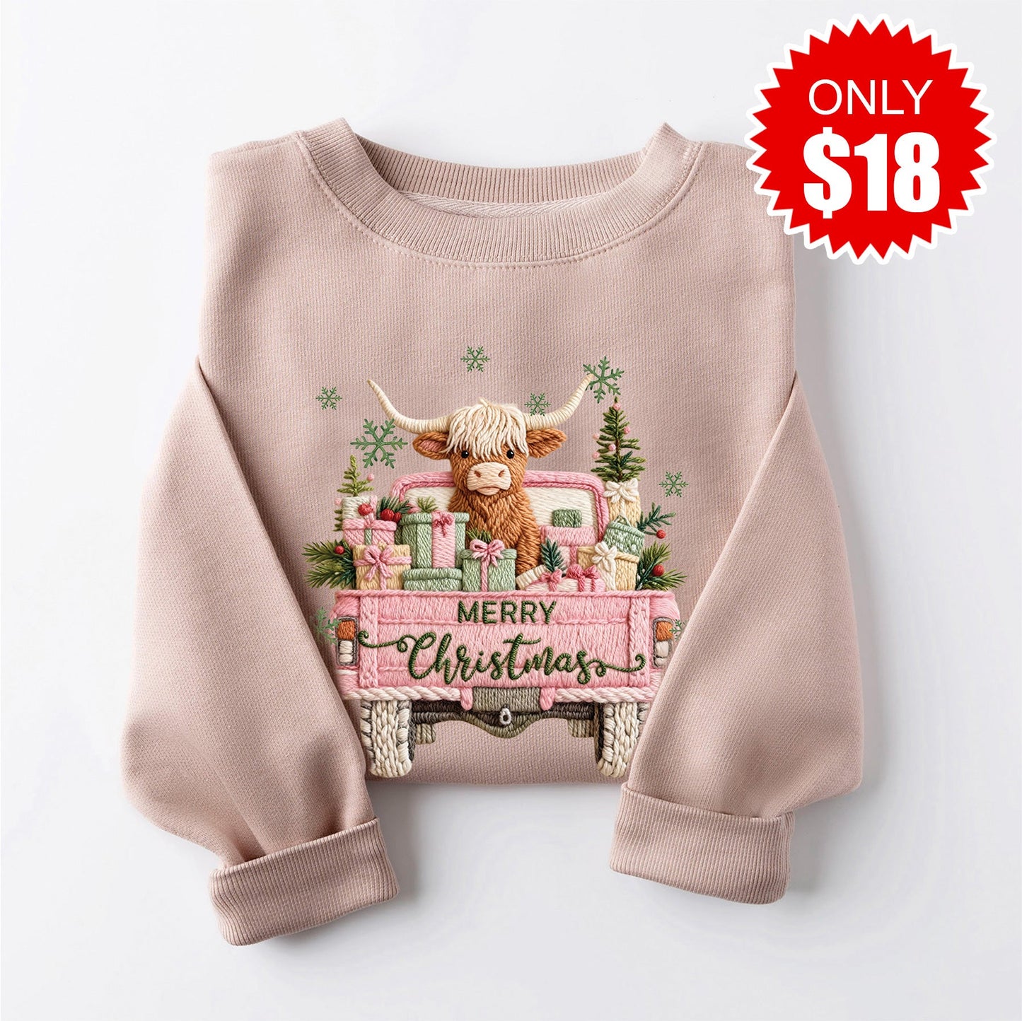 Christmas Cattle Truck Sweatshirt - Heather Pink Gravel - 18