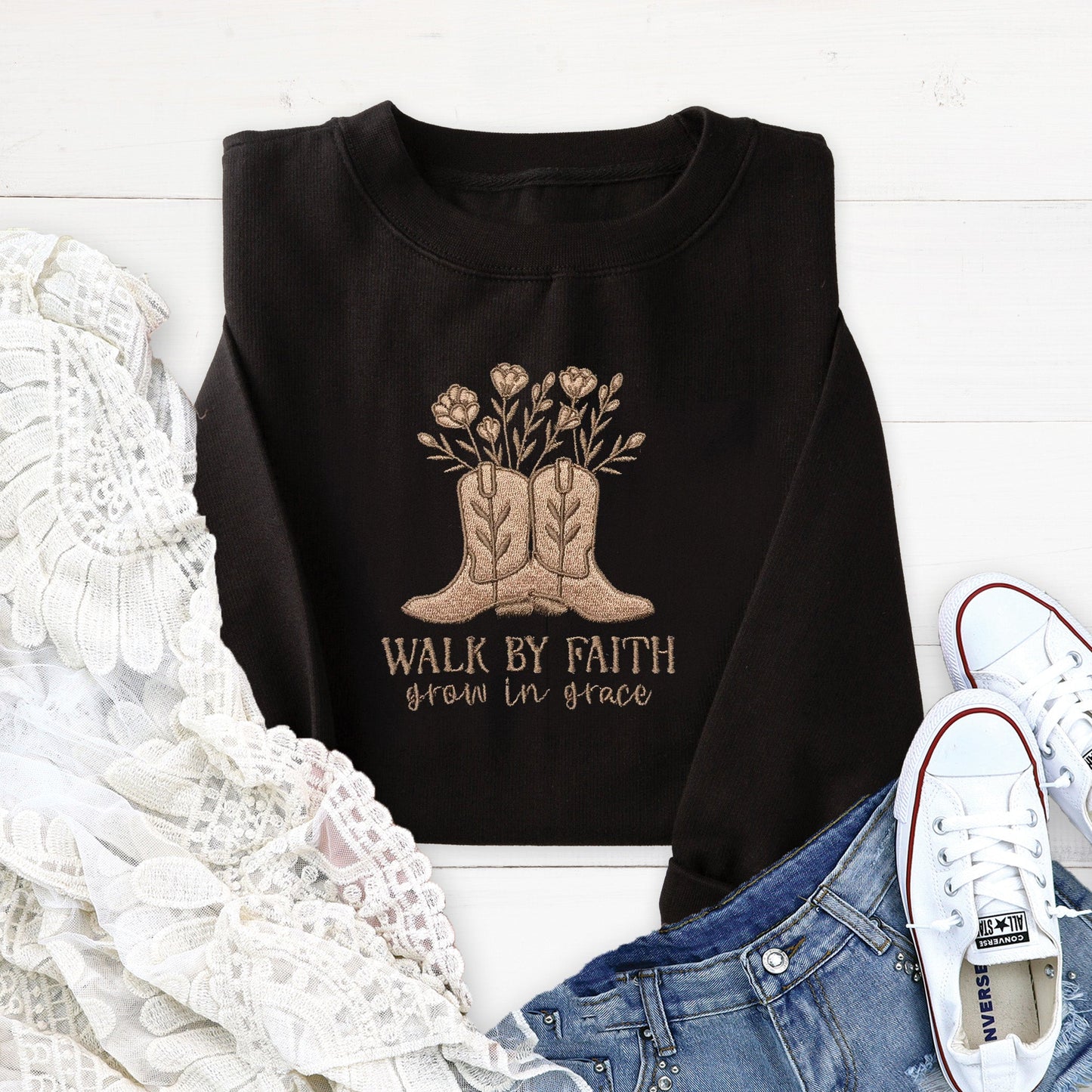 Embroidered Walk by Faith Boots Sweatshirt
