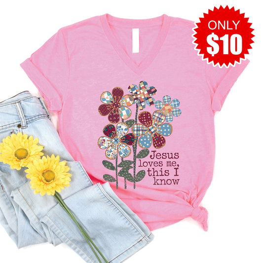 Jesus Loves Me V-Neck - Heather Bubble Gum - 10