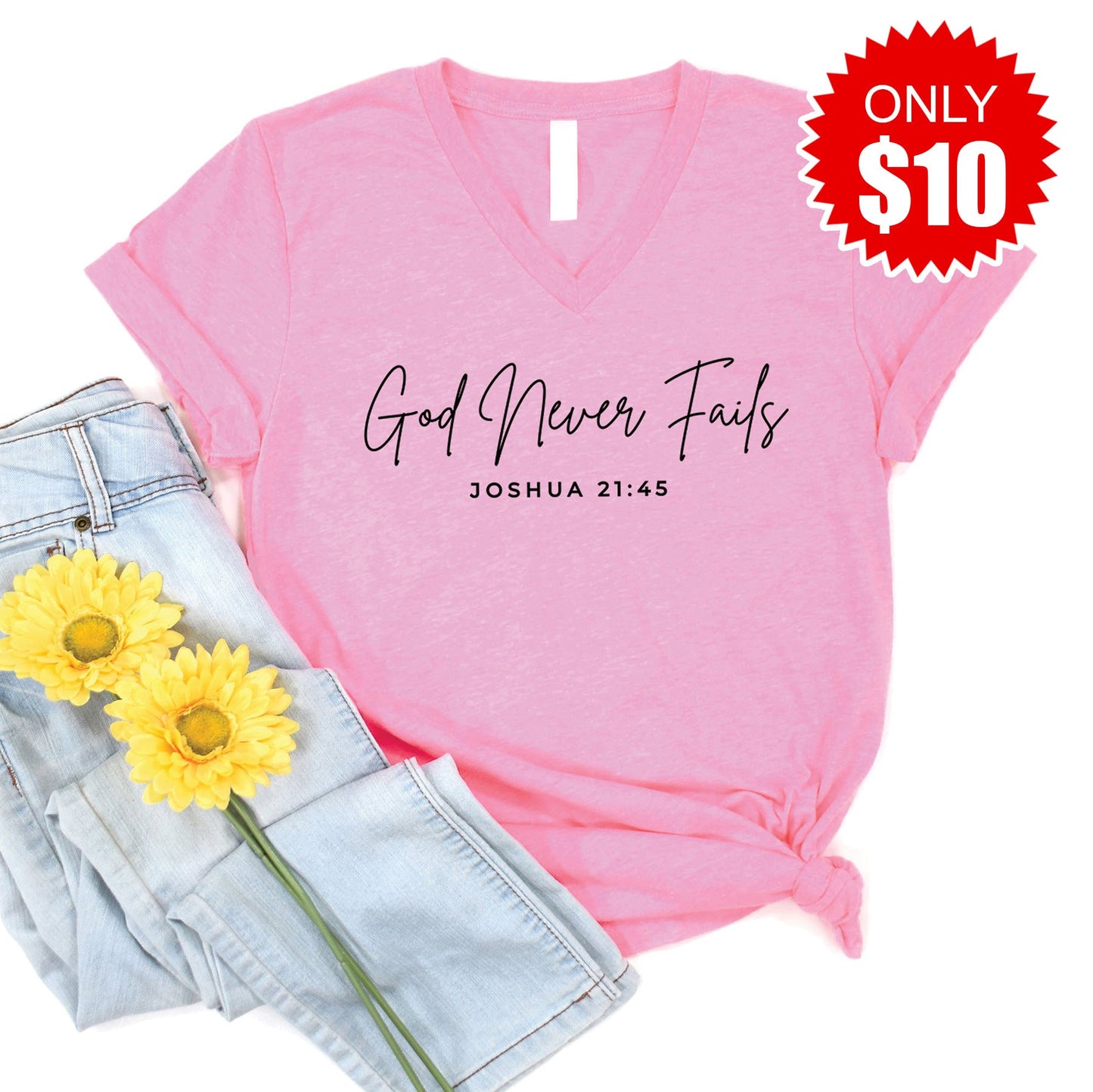 God Never Fails V-Neck - Heather Bubble Gum - 10