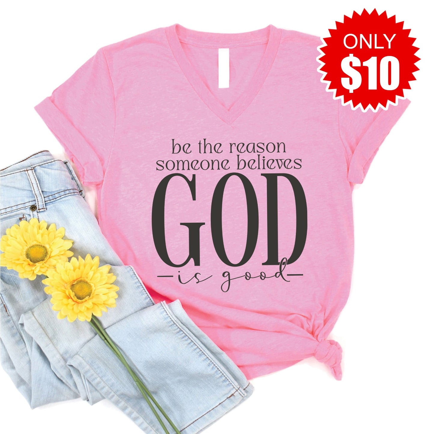 God Is Good V-Neck - Heather Bubble Gum - 10