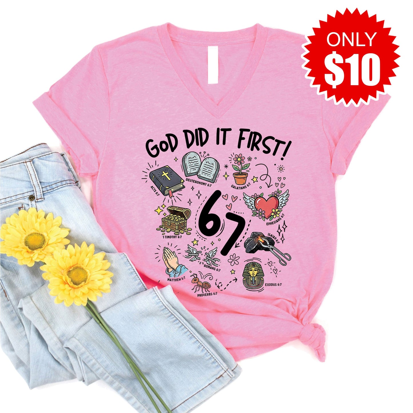 God Did It First V-Neck - Heather Bubble Gum - 10