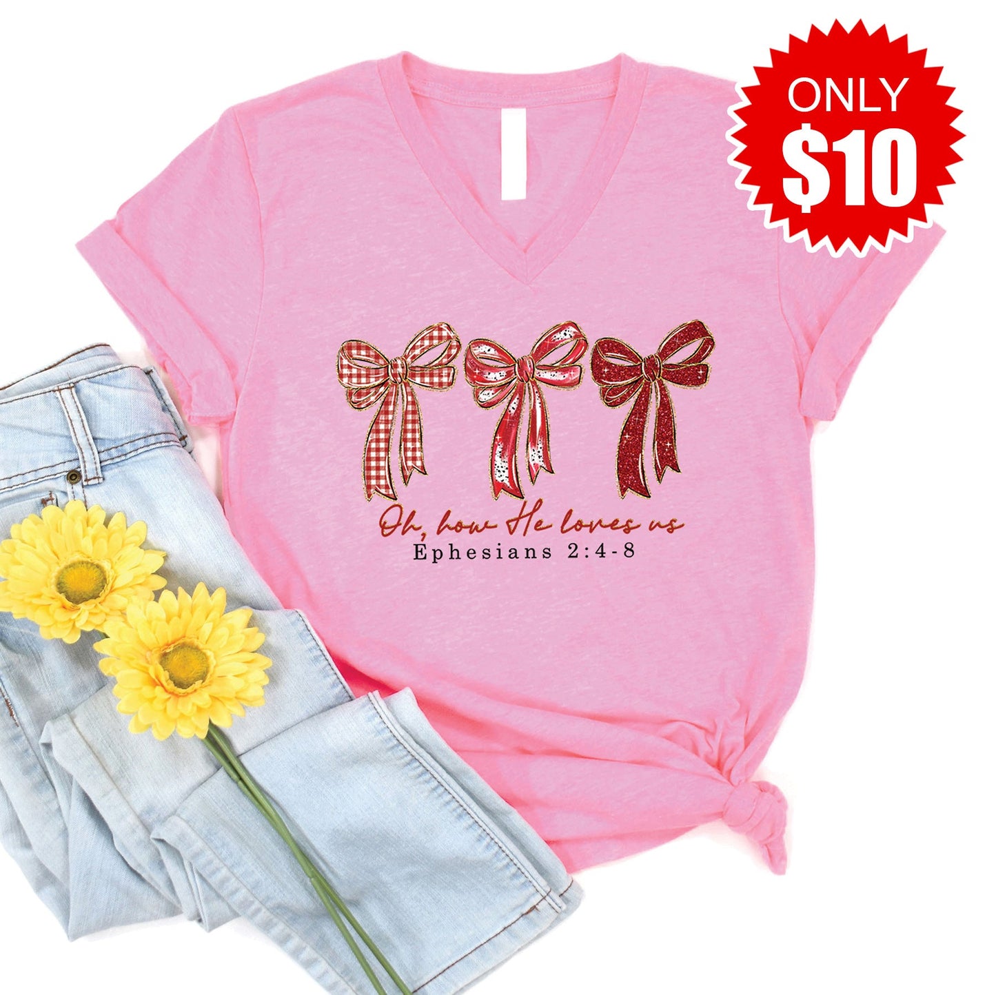 How He Loves Us V-Neck - Heather Bubble Gum - 10