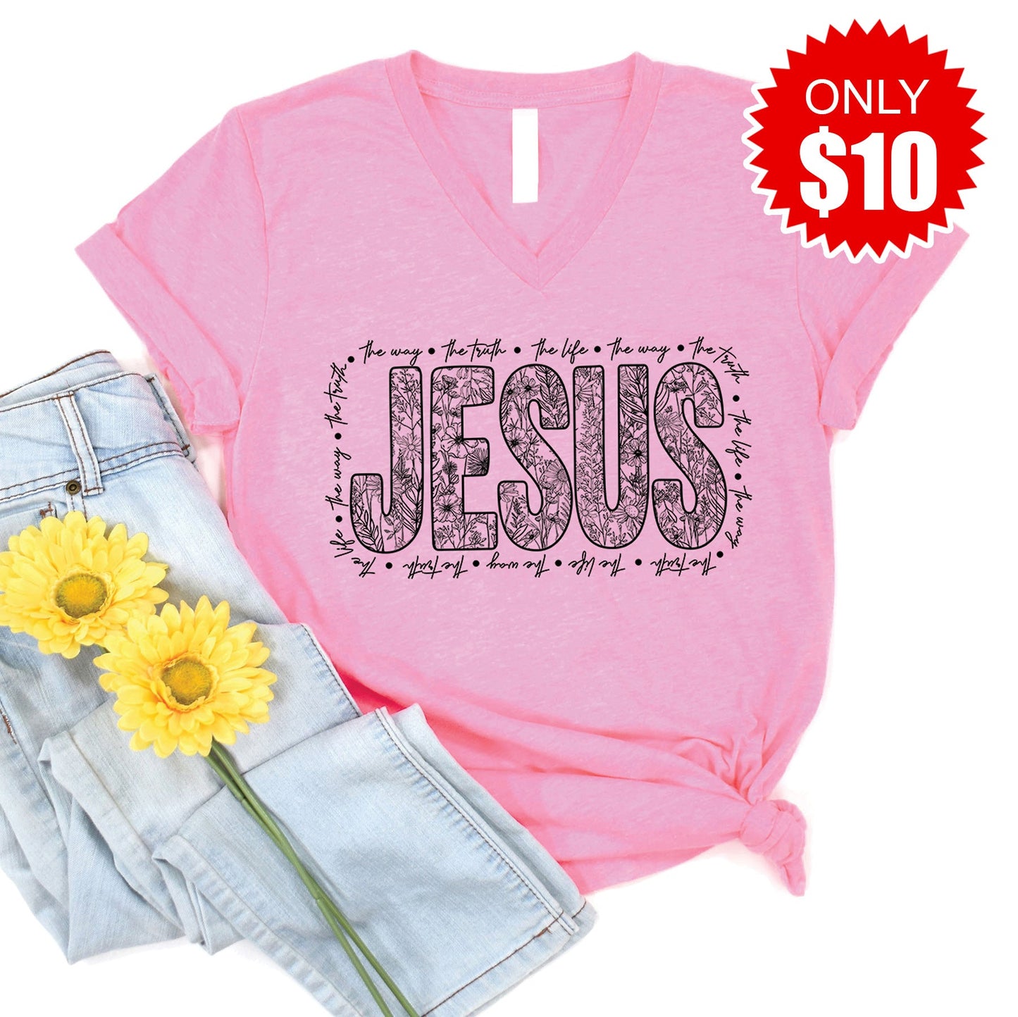 Jesus V-Neck - Heather Bubble Gum - 10