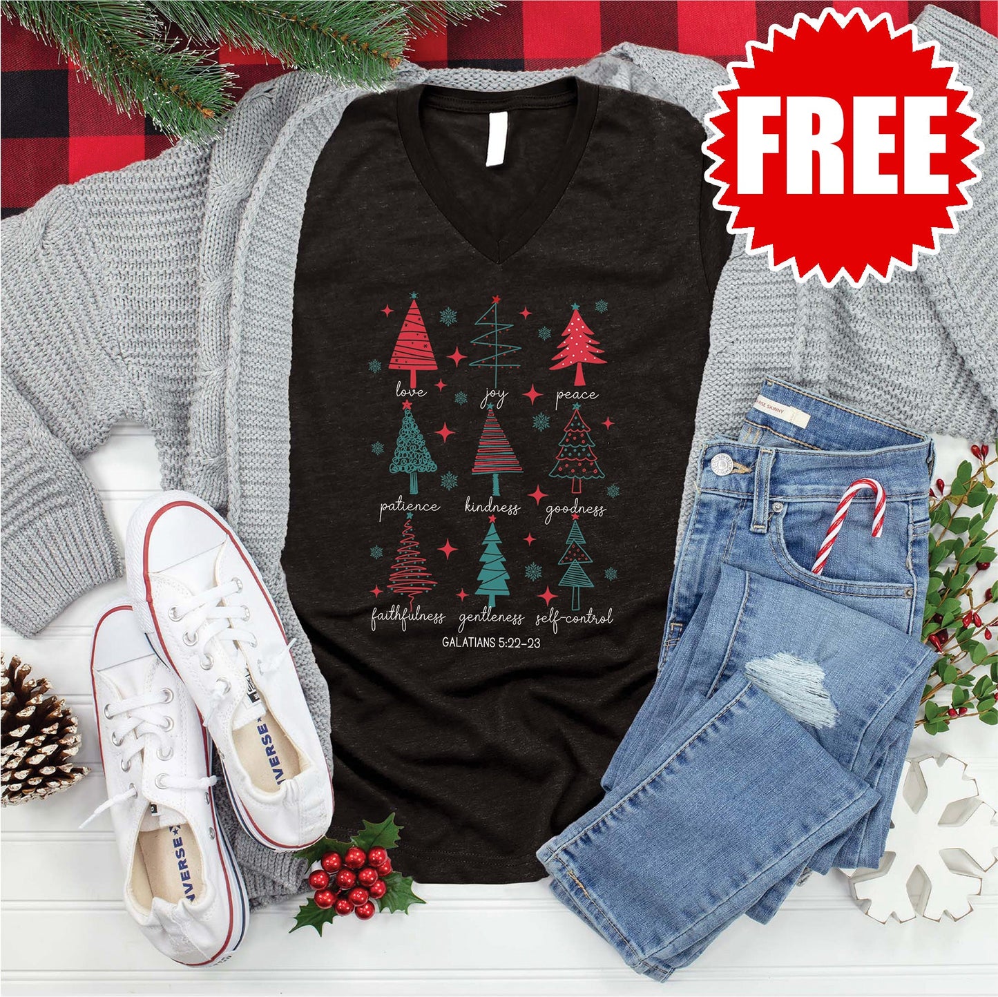 Christmas Fruit of the Spirit V-Neck - Heather Black - 0