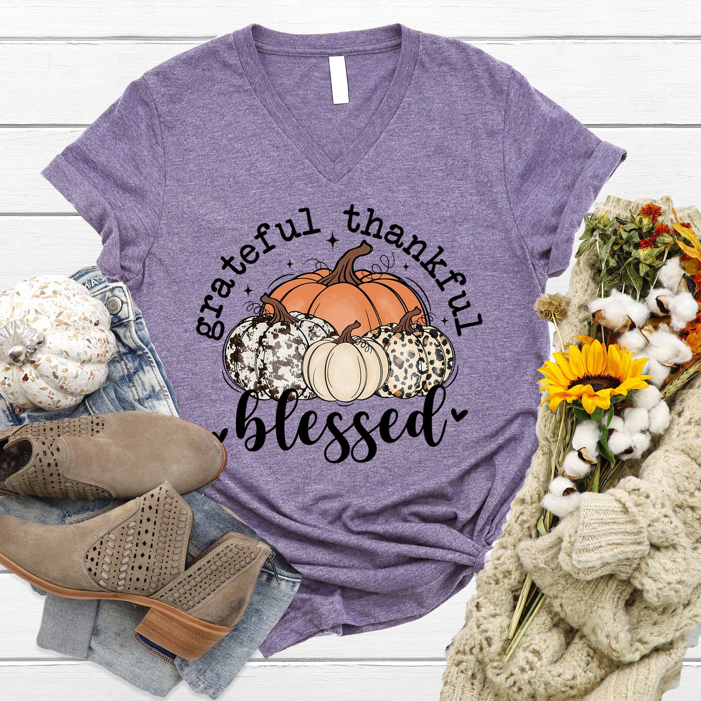 Grateful Thankful Blessed V-Neck