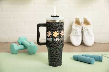FHL Black Leopard Floral 40oz Tumbler w/ Handle